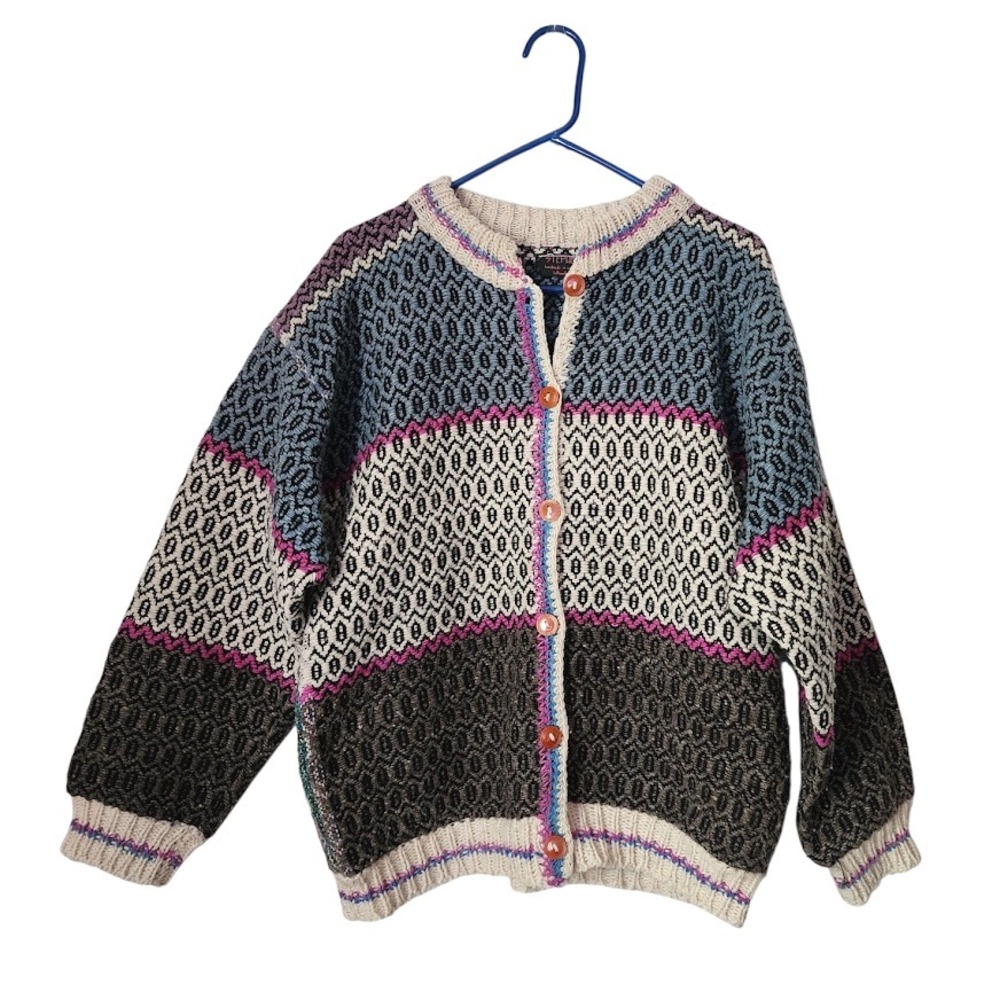 STEPHEN Handmade in Ecuador 80s Wool‎ Cardigan Sweater Geometric Stripe Pattern